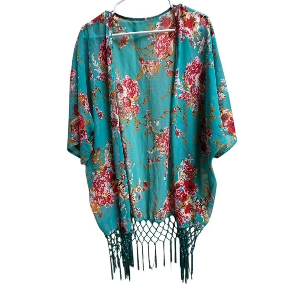 Teal Floral Kimono with Fringe Hem – One Size Open Front Cover Up
